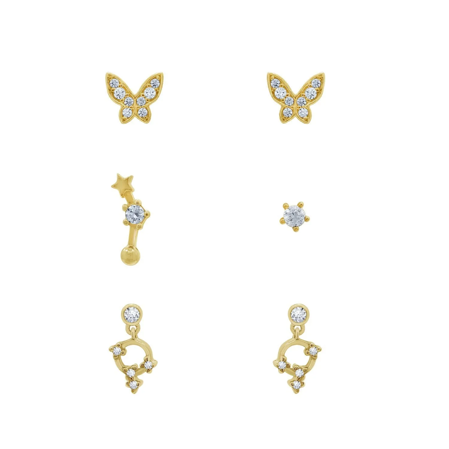 Minimal Butterfly, Star and Open Circle Earrings Set