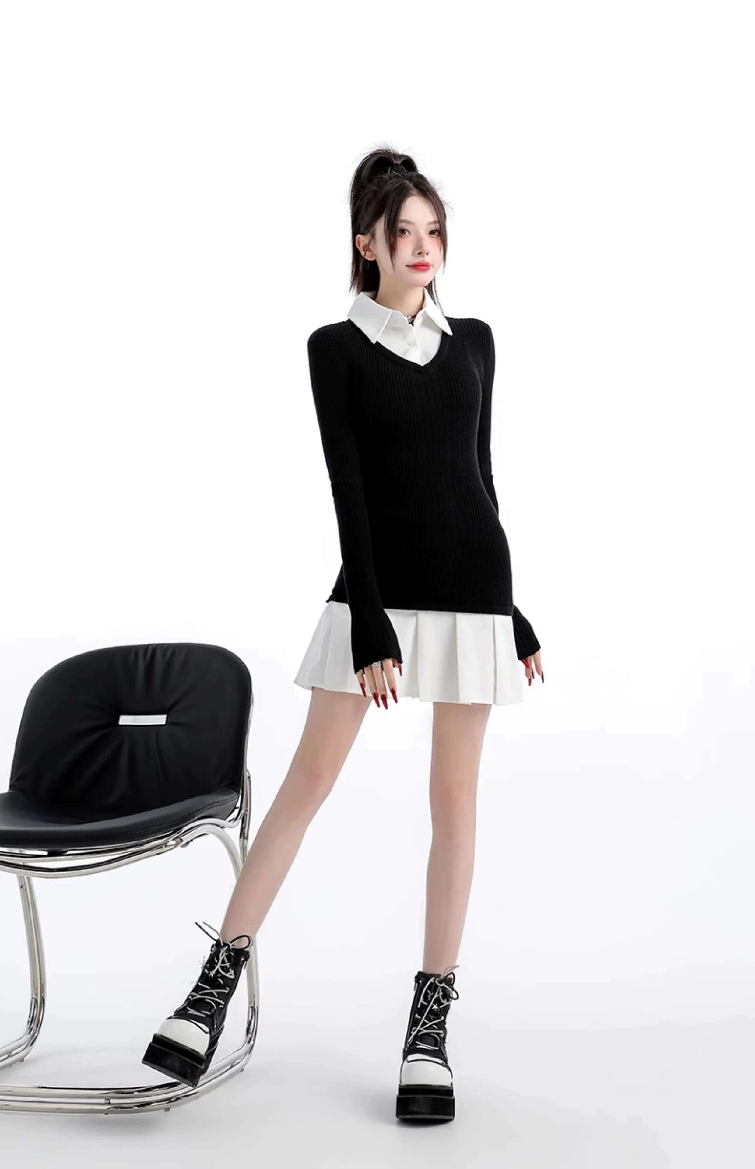 Mock Layered Pleated Hem Long Sleeve Dress