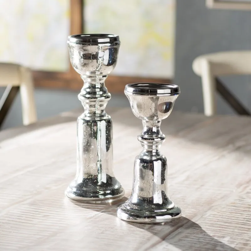 Nairegua 2 Piece Silver Metal/Glass Tabletop Candlestick Set