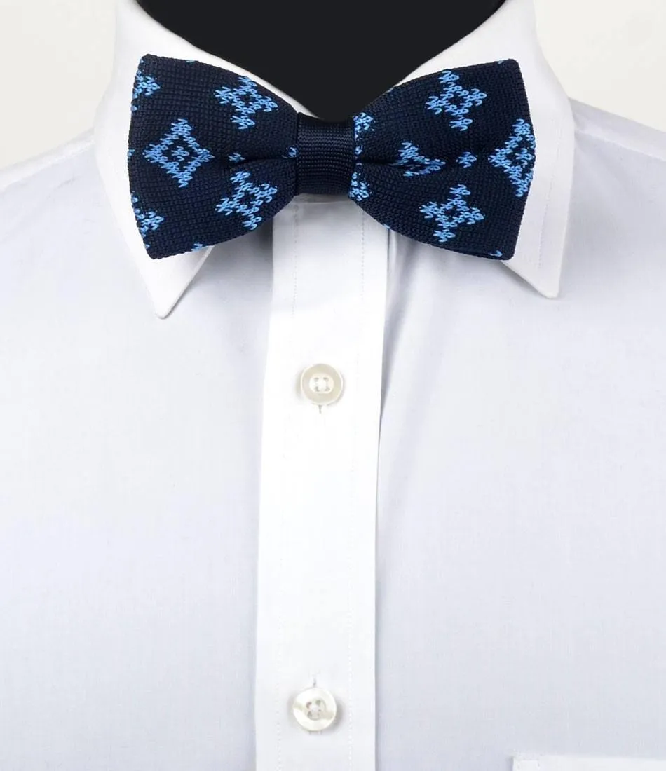 Navy with Light Blue Pattern Knitted Bow Tie