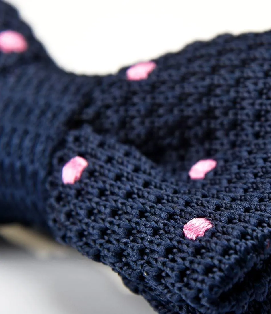 Navy with Pink Dots Knitted Bow Tie