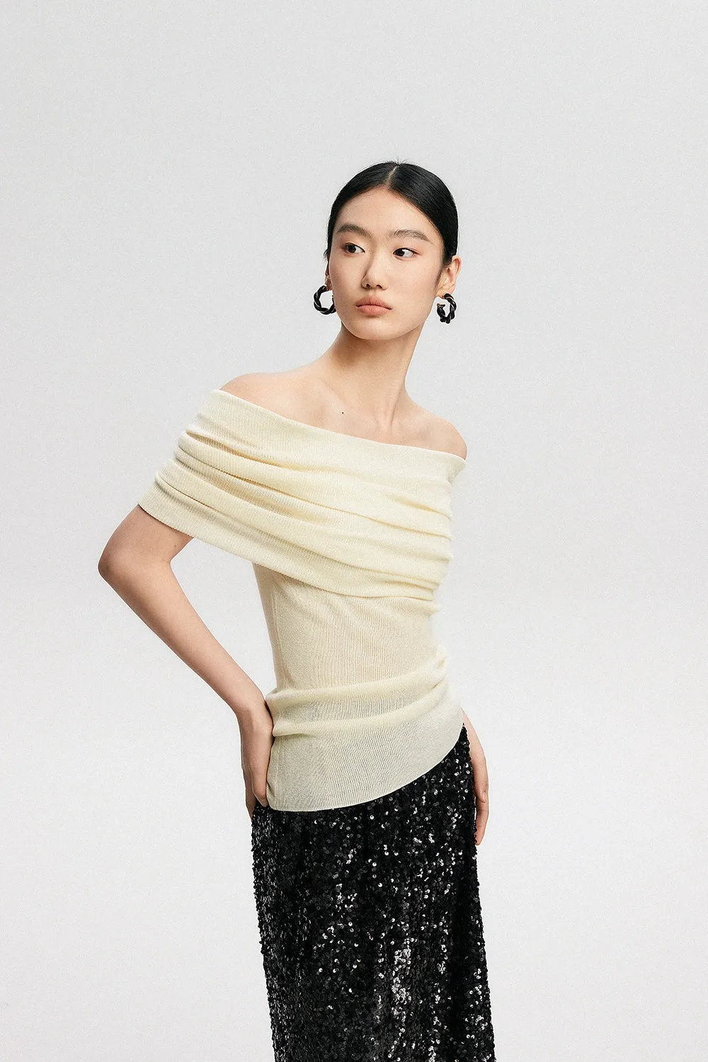 Off-Shoulder Ribbed Knit Short Sleeve Sweater Top