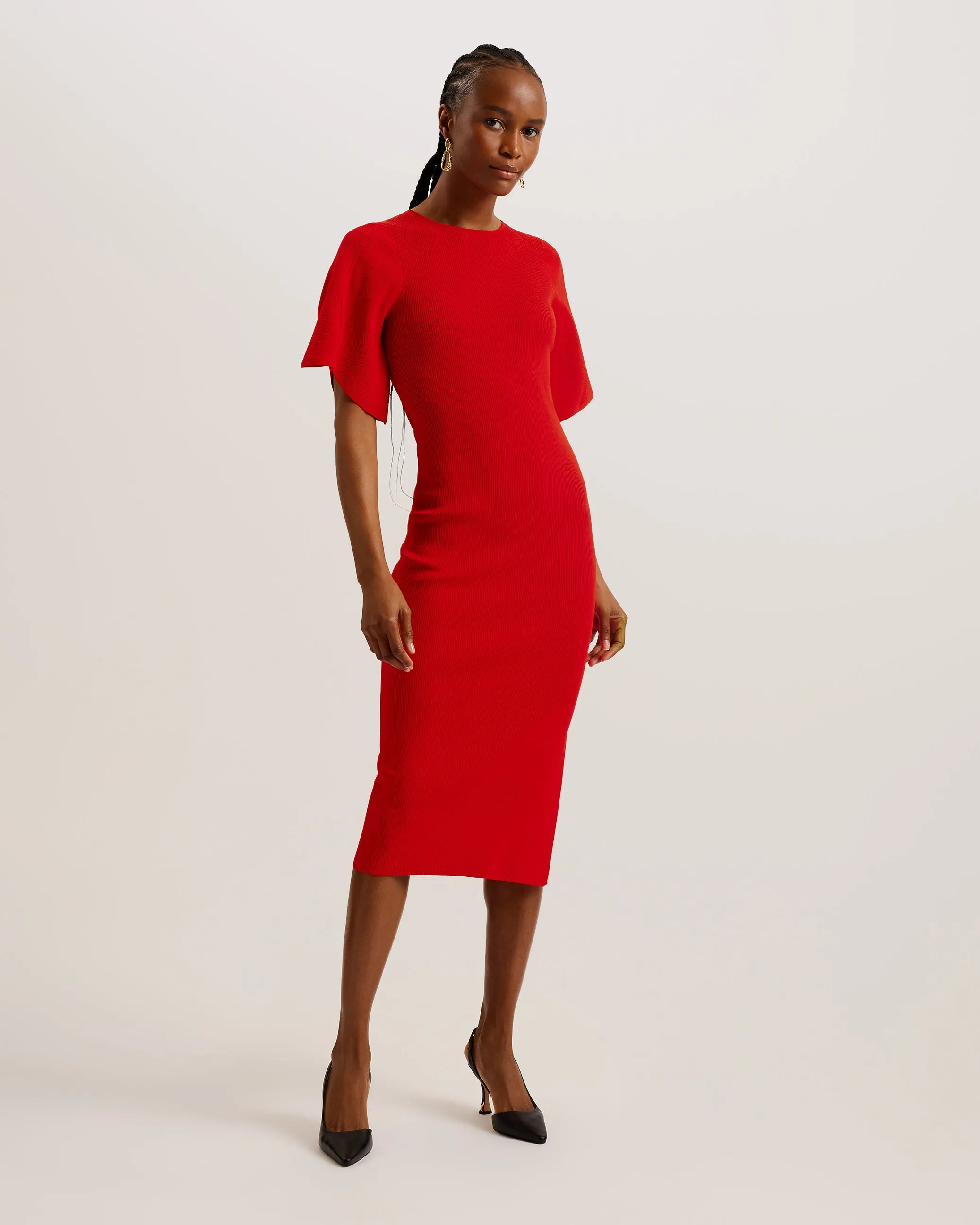 Raelea Fluted Sleeve Knitted Bodycon Midi Dress Red