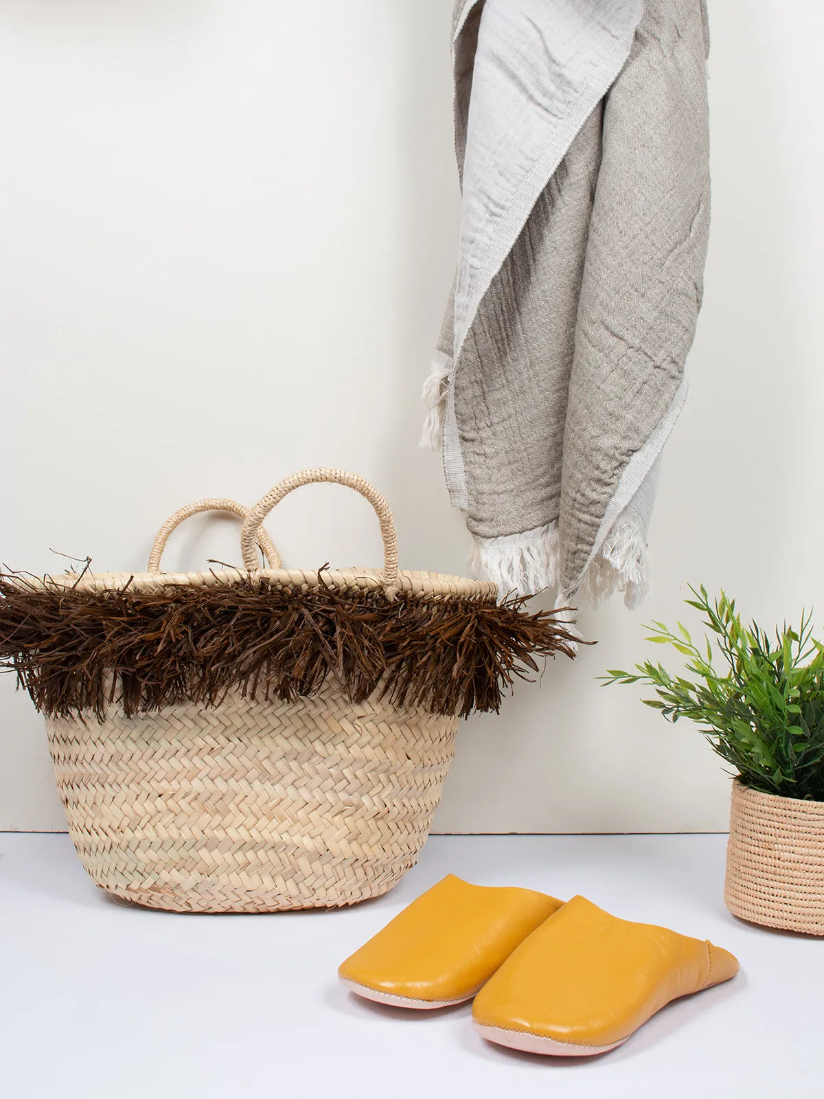 Raffia Tassel Basket, Tobacco