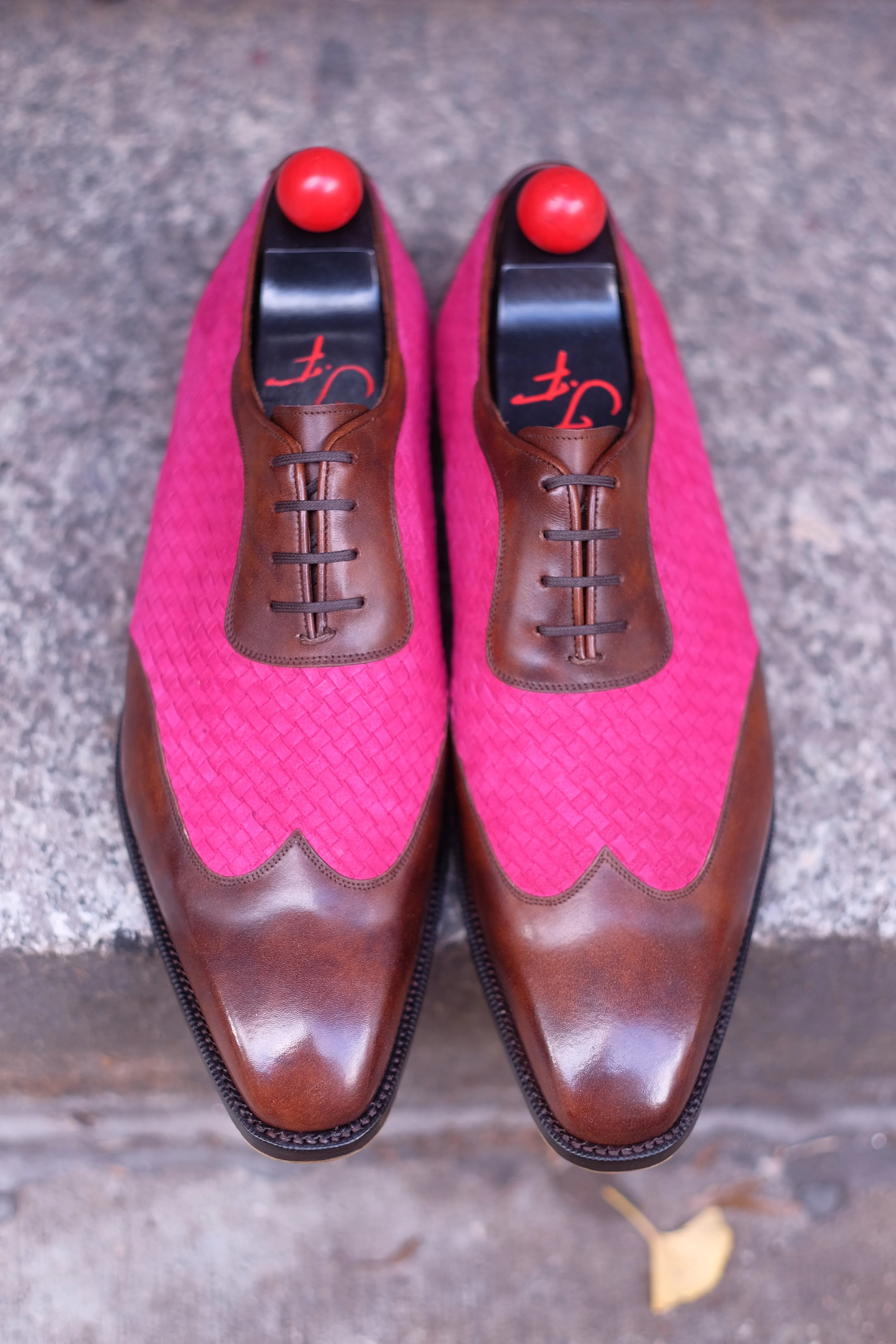 Rainier - MTO - Walnut Museum Calf / Hot Pink Braided Suede - LPB Last - Single Leather Sole