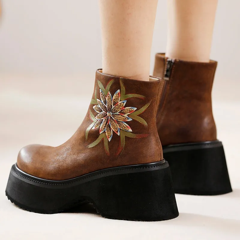 Retro Boots For Women Leather Platform Boots Hand Painted Flower Decoration Coffee/Black