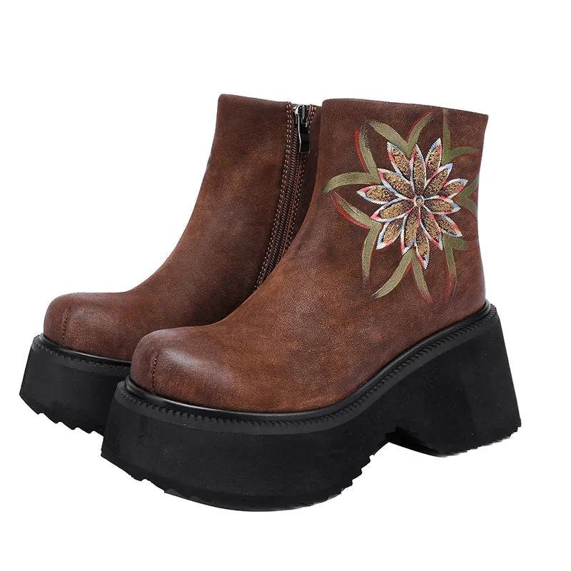 Retro Boots For Women Leather Platform Boots Hand Painted Flower Decoration Coffee/Black