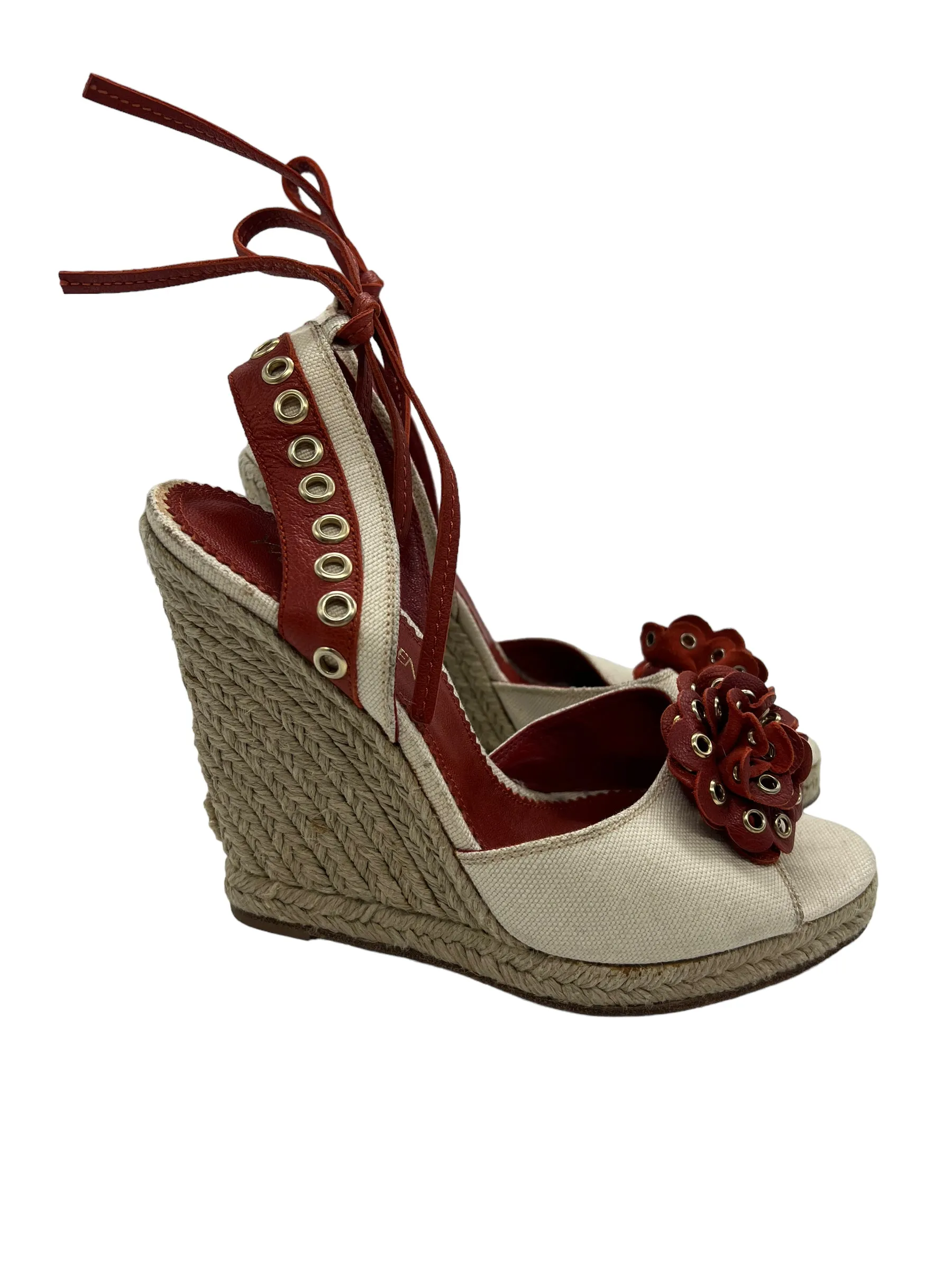 Saint Laurent YSL Size 38 Canvas Leather Flower Wedges