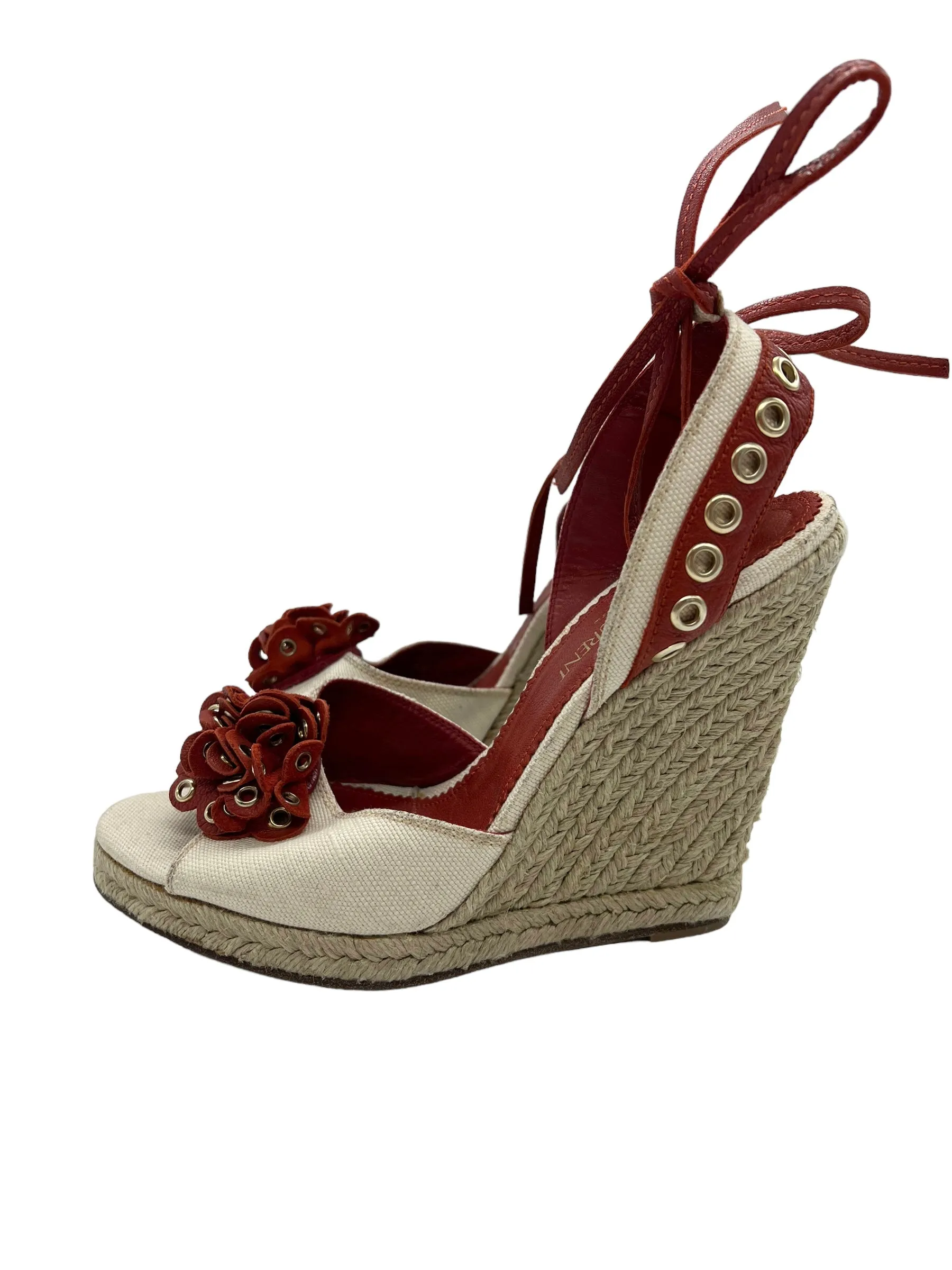 Saint Laurent YSL Size 38 Canvas Leather Flower Wedges