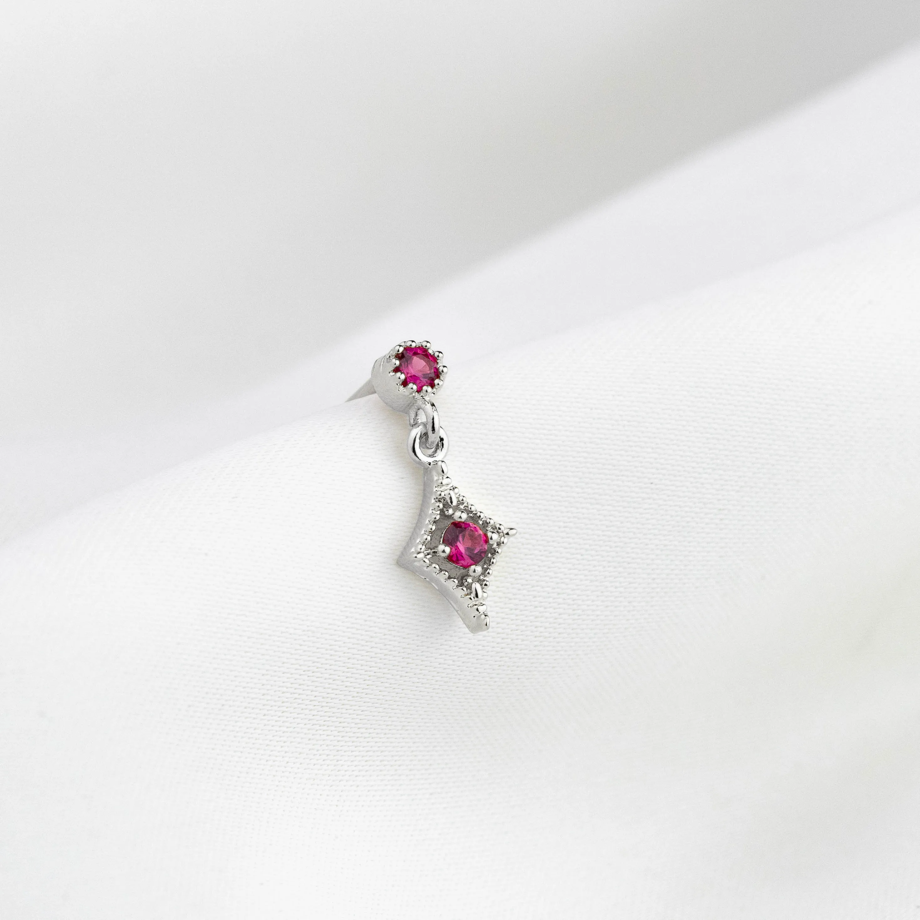 Silver Deep Pink Sparkling Cubic Earpin