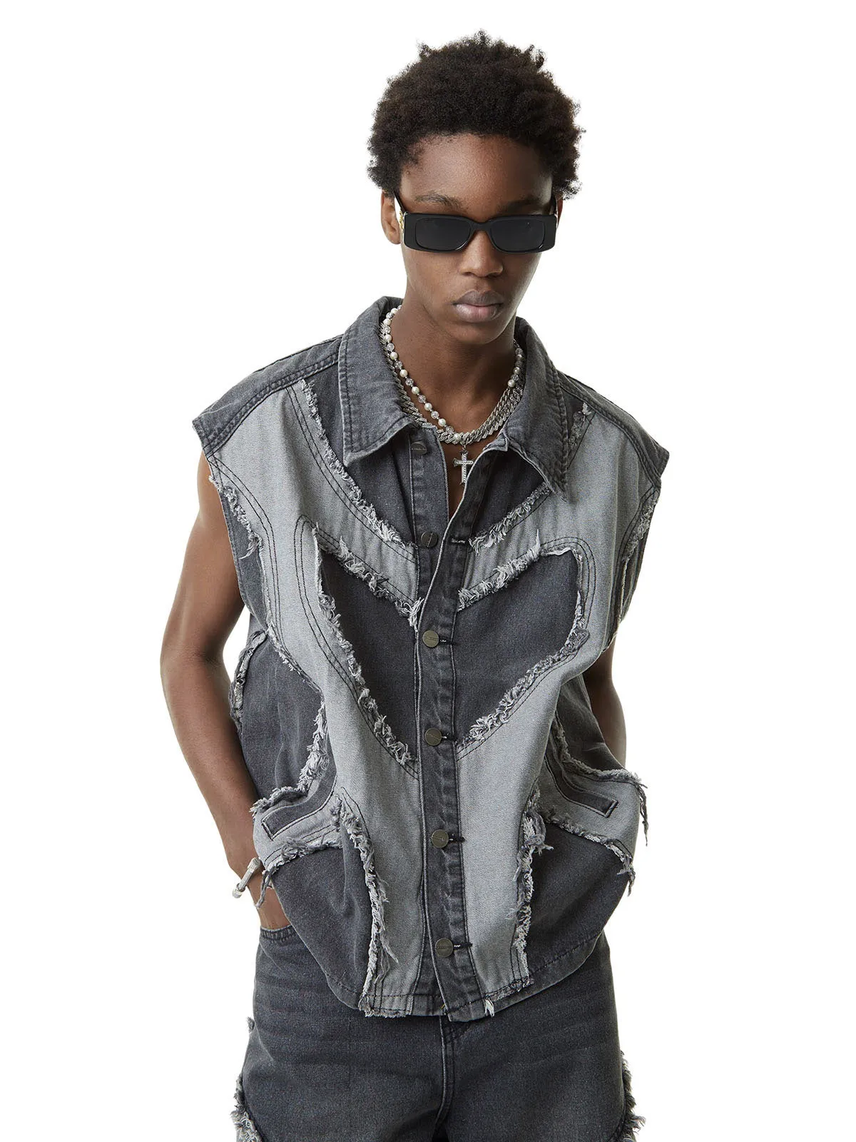 Thesupermade Contrast Denim Heart Stitching Street Rap Vest - 2062