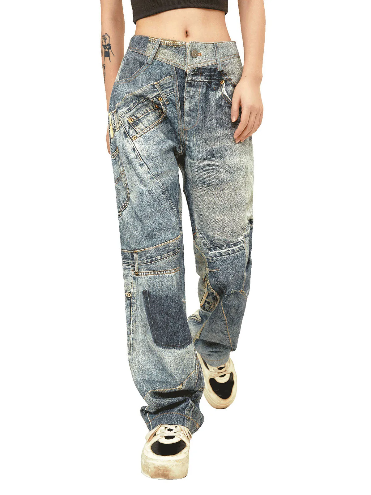 Thesupermade Street Hip-Hop Deconstructed Print Jeans