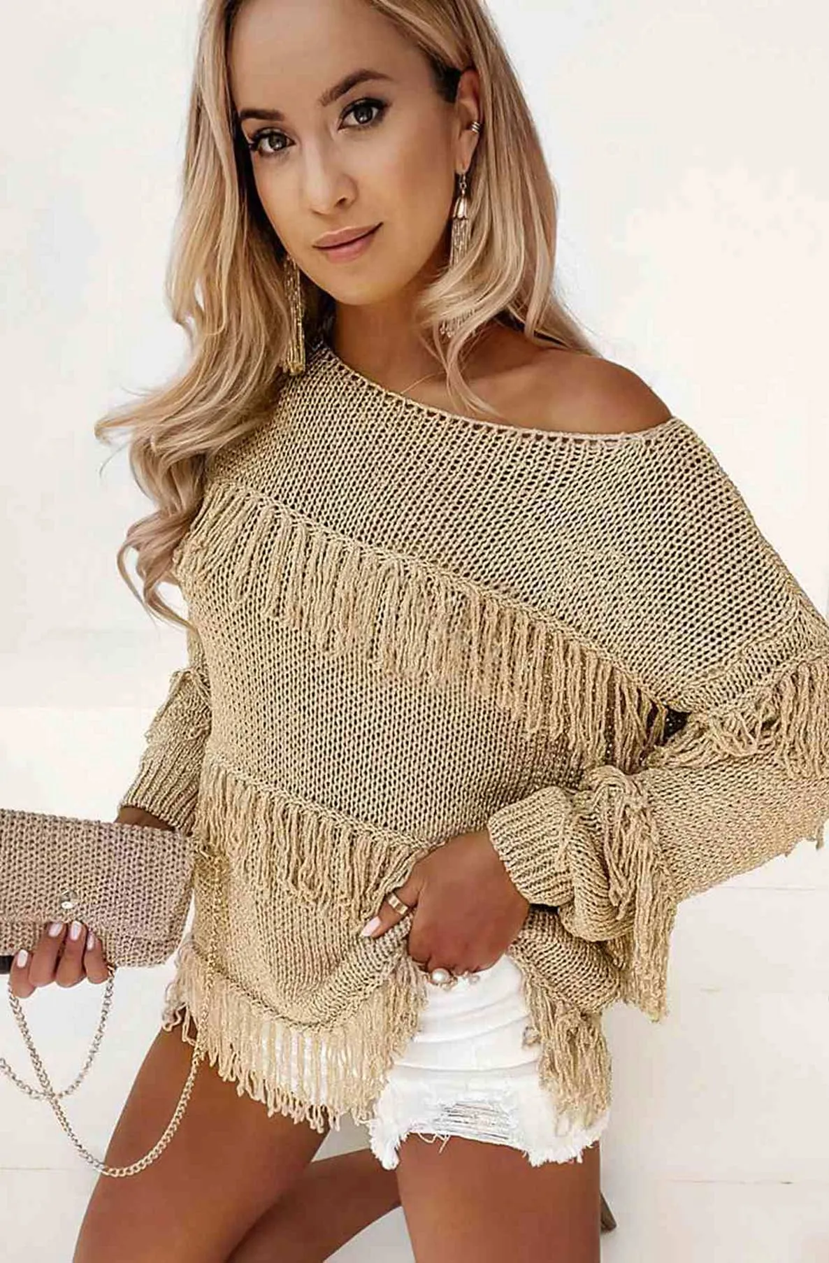 Trina Tassel Fringe Shimmer Top-Gold