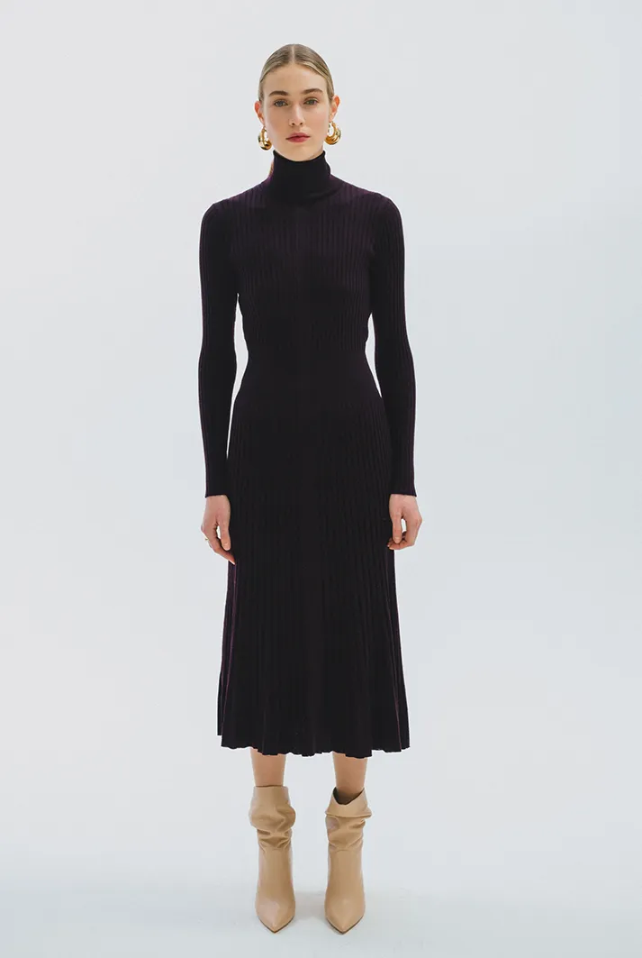 Turtleneck Pleated Wool Midi Dress | Garnet