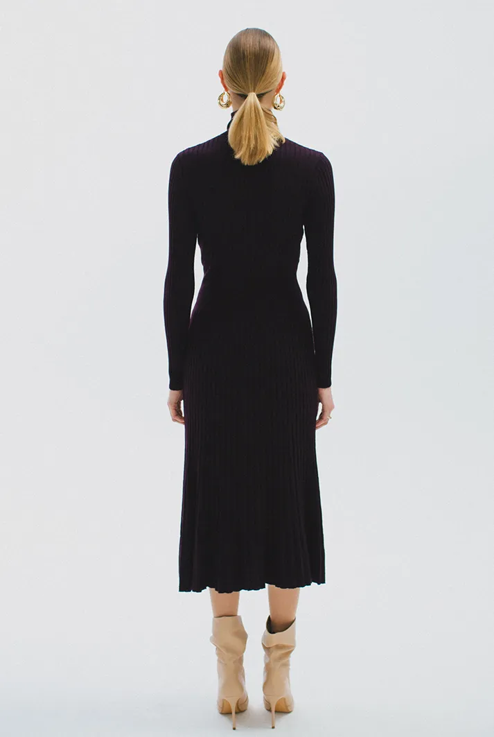 Turtleneck Pleated Wool Midi Dress | Garnet