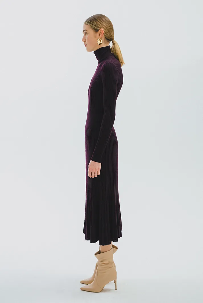 Turtleneck Pleated Wool Midi Dress | Garnet