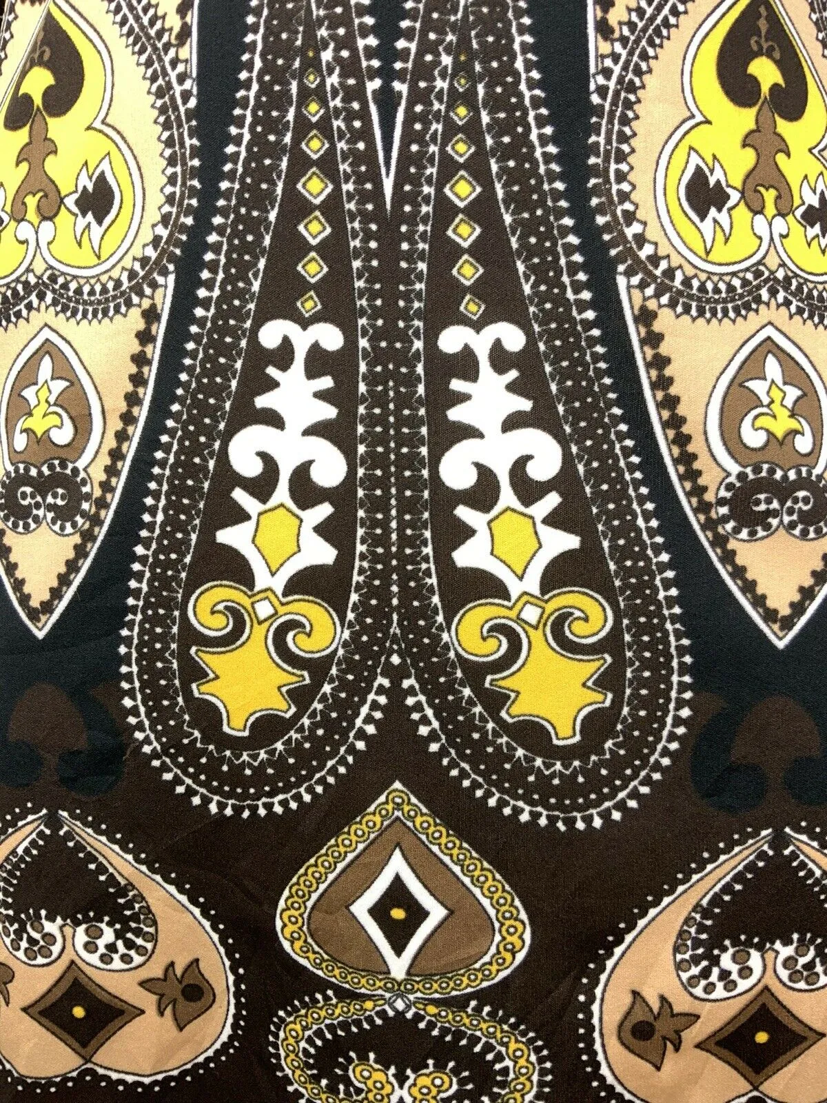 VINTAGE 60s 70s BLACK BROWN BEIGE YELLOW PAISLEY ETHNIC PSYCHEDELIC DRESS 16 18