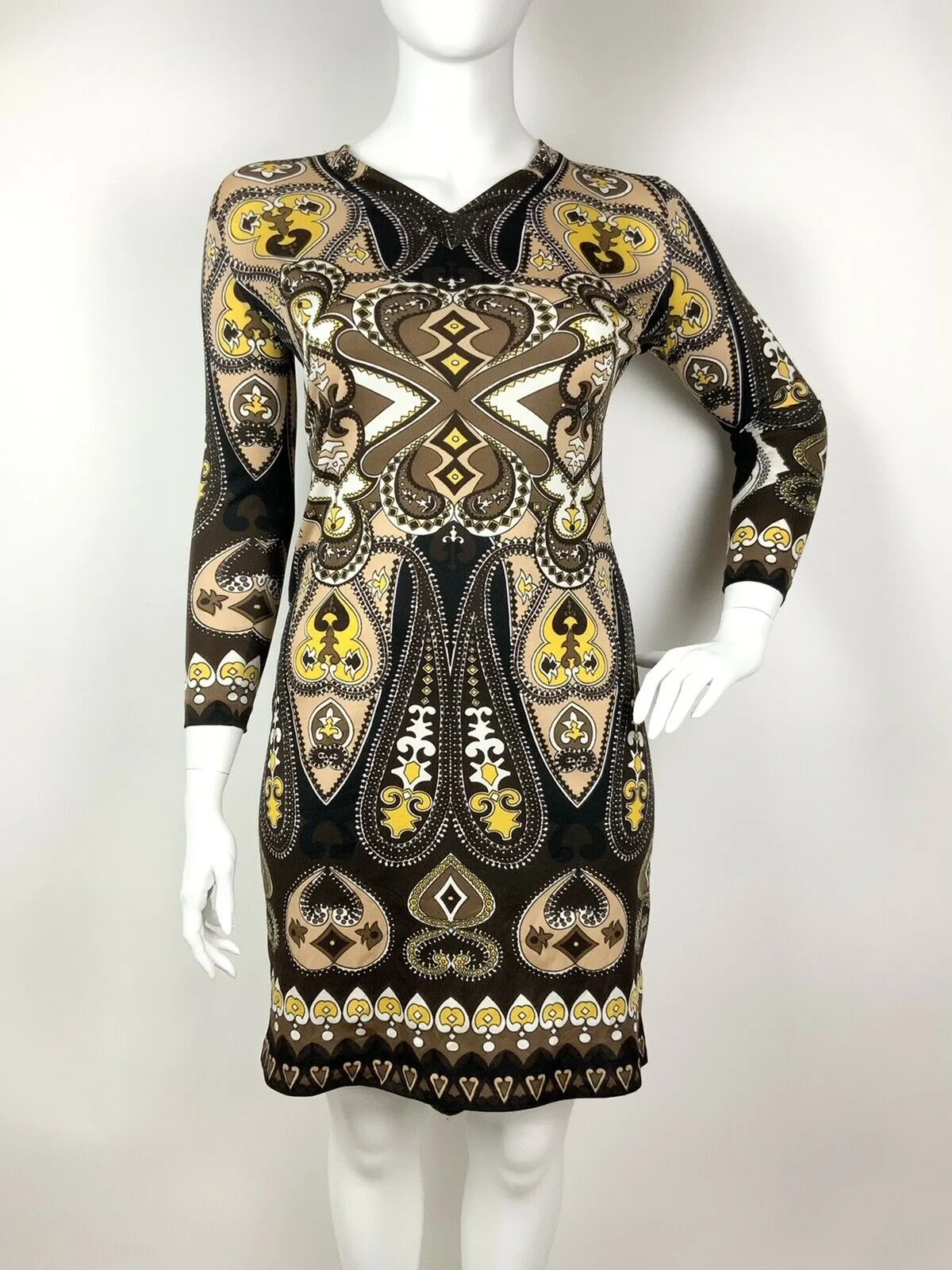 VINTAGE 60s 70s BLACK BROWN BEIGE YELLOW PAISLEY ETHNIC PSYCHEDELIC DRESS 16 18