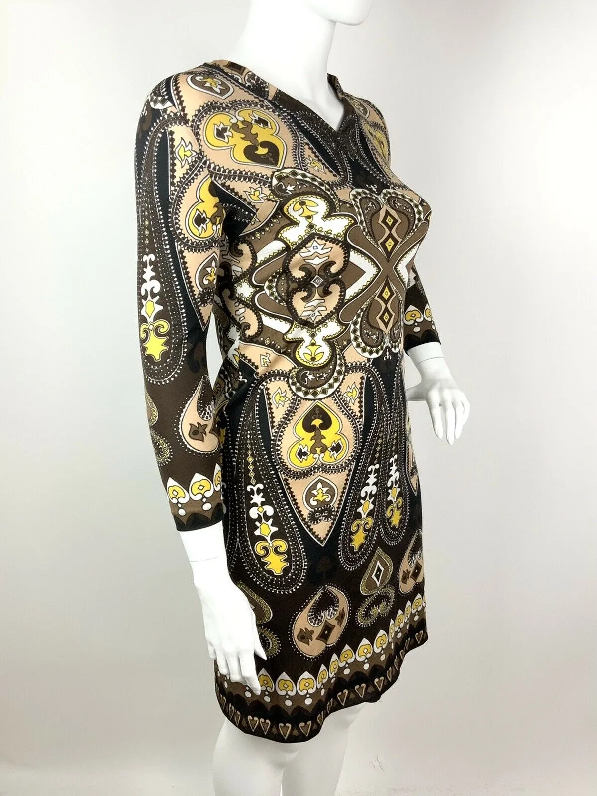 VINTAGE 60s 70s BLACK BROWN BEIGE YELLOW PAISLEY ETHNIC PSYCHEDELIC DRESS 16 18