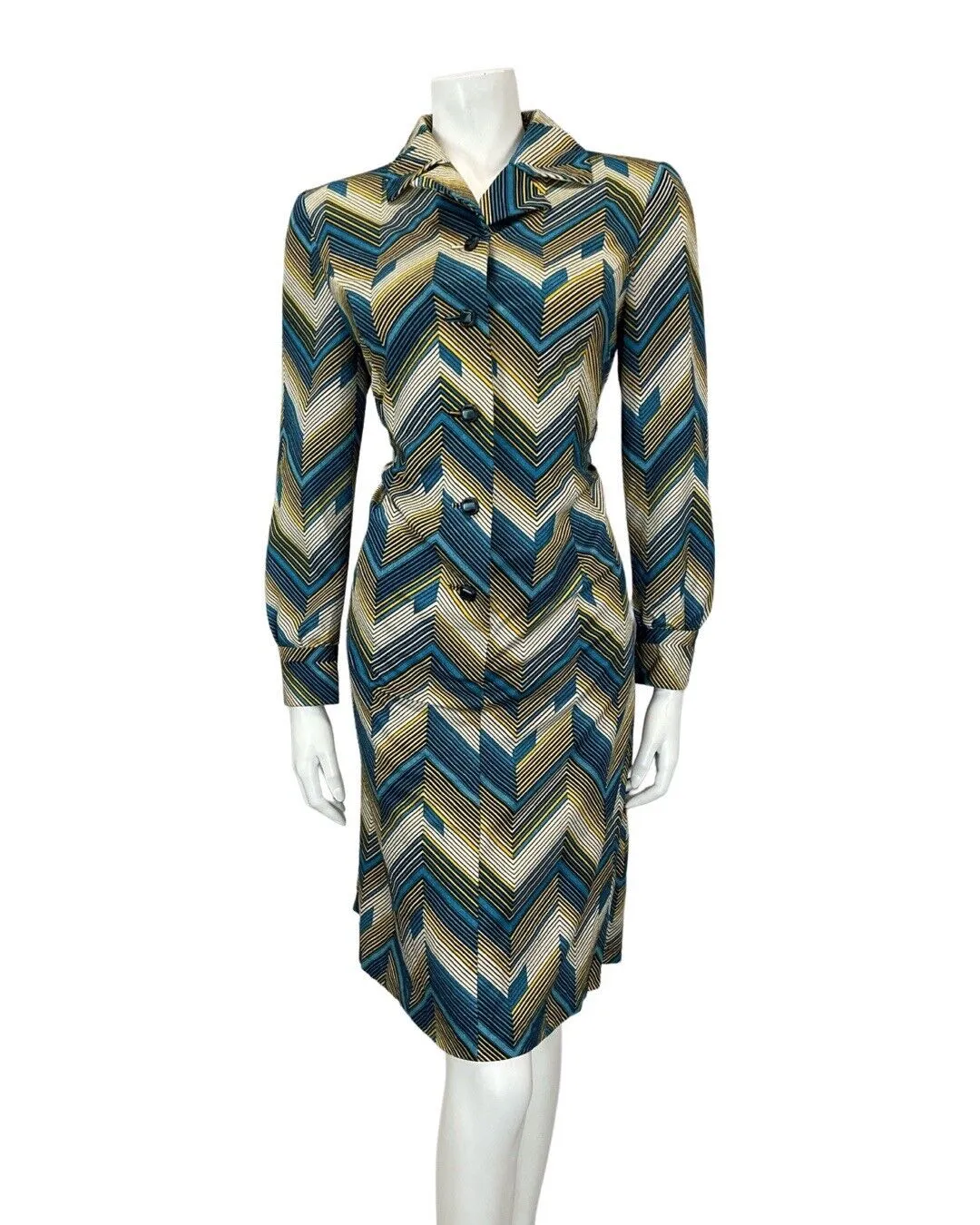 VINTAGE 60s 70s BLUE CREAM BLACK ZIG-ZAG CHEVRON GEOMETRIC MOD SHIRT DRESS 12 14