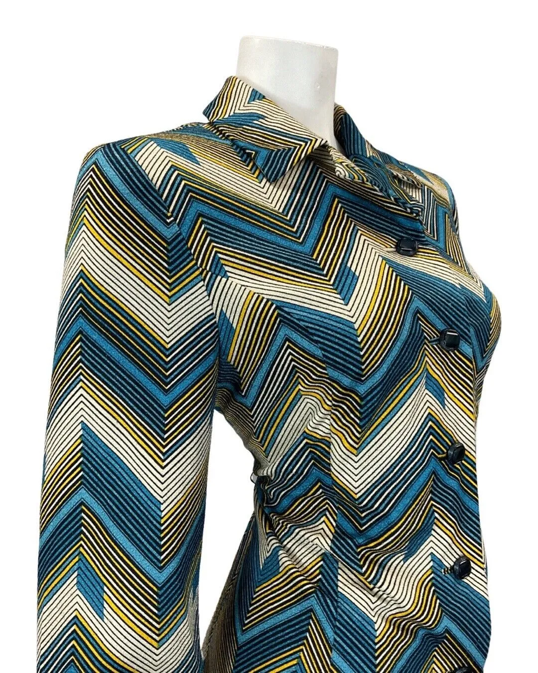 VINTAGE 60s 70s BLUE CREAM BLACK ZIG-ZAG CHEVRON GEOMETRIC MOD SHIRT DRESS 12 14