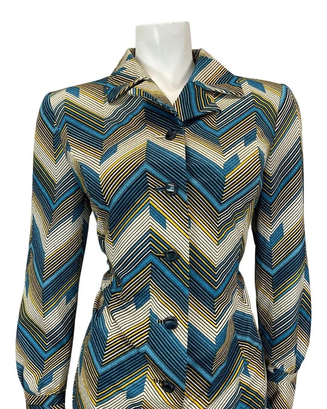 VINTAGE 60s 70s BLUE CREAM BLACK ZIG-ZAG CHEVRON GEOMETRIC MOD SHIRT DRESS 12 14