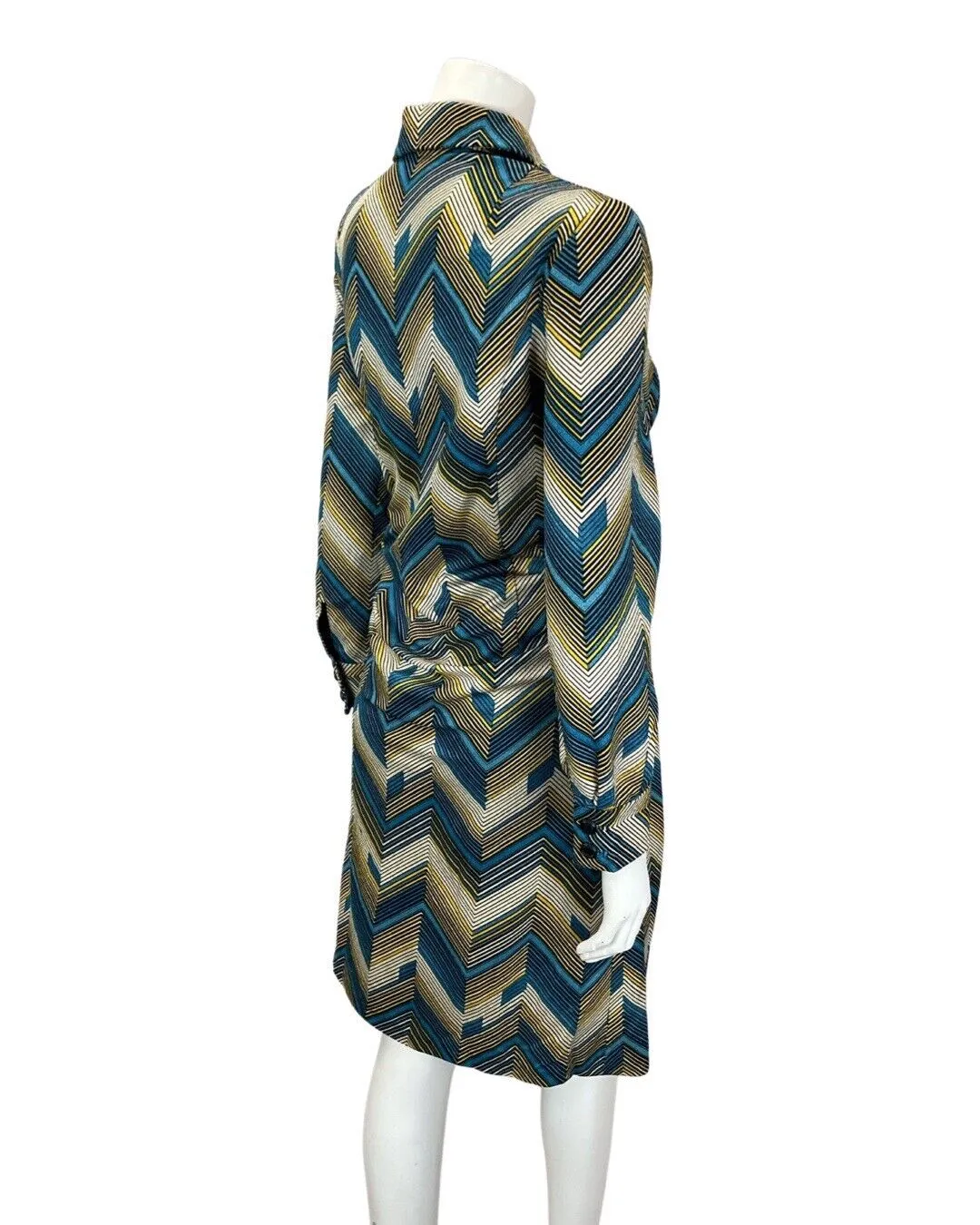 VINTAGE 60s 70s BLUE CREAM BLACK ZIG-ZAG CHEVRON GEOMETRIC MOD SHIRT DRESS 12 14