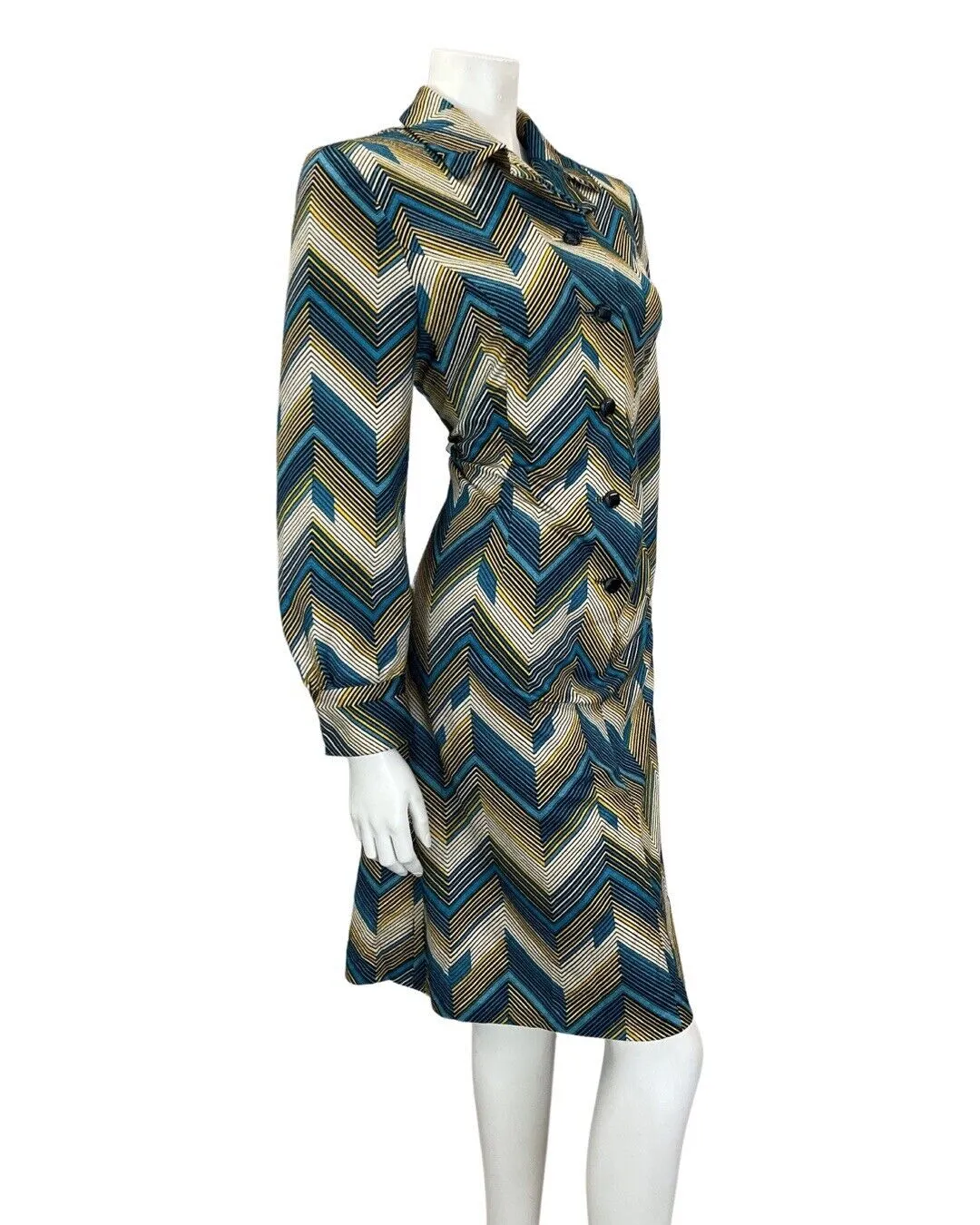 VINTAGE 60s 70s BLUE CREAM BLACK ZIG-ZAG CHEVRON GEOMETRIC MOD SHIRT DRESS 12 14