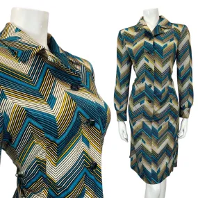 VINTAGE 60s 70s BLUE CREAM BLACK ZIG-ZAG CHEVRON GEOMETRIC MOD SHIRT DRESS 12 14