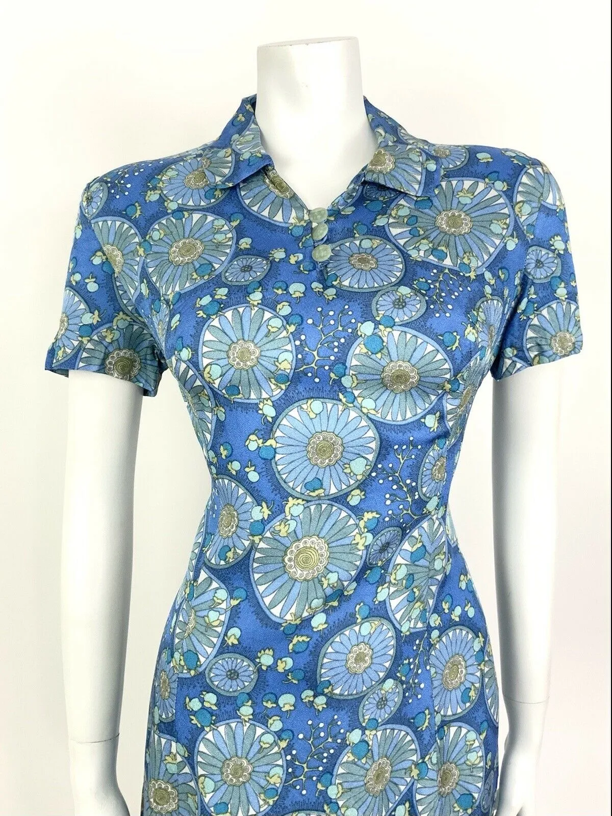 VINTAGE 60s 70s BLUE GREEN YELLOW FLORAL BERRY MANDALA MOD SHIRT DRESS 14 16