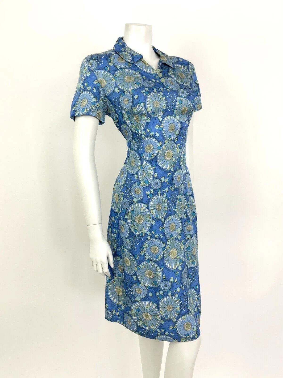 VINTAGE 60s 70s BLUE GREEN YELLOW FLORAL BERRY MANDALA MOD SHIRT DRESS 14 16