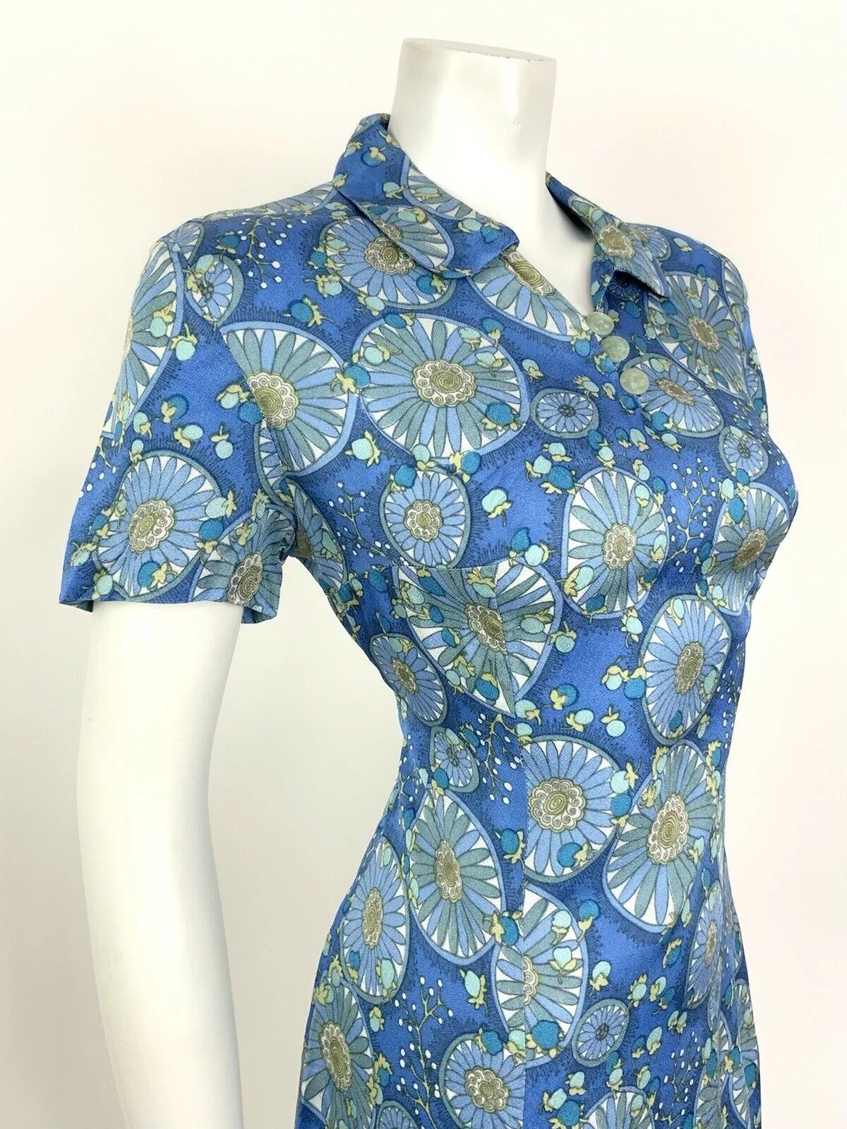 VINTAGE 60s 70s BLUE GREEN YELLOW FLORAL BERRY MANDALA MOD SHIRT DRESS 14 16