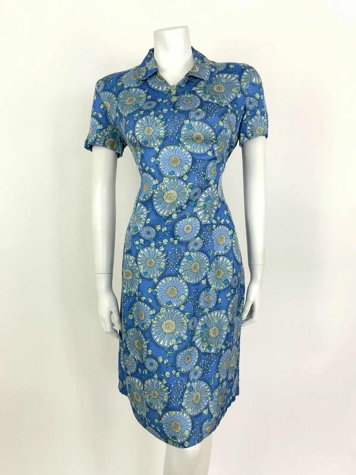 VINTAGE 60s 70s BLUE GREEN YELLOW FLORAL BERRY MANDALA MOD SHIRT DRESS 14 16