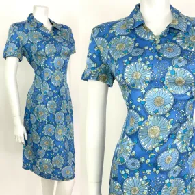 VINTAGE 60s 70s BLUE GREEN YELLOW FLORAL BERRY MANDALA MOD SHIRT DRESS 14 16