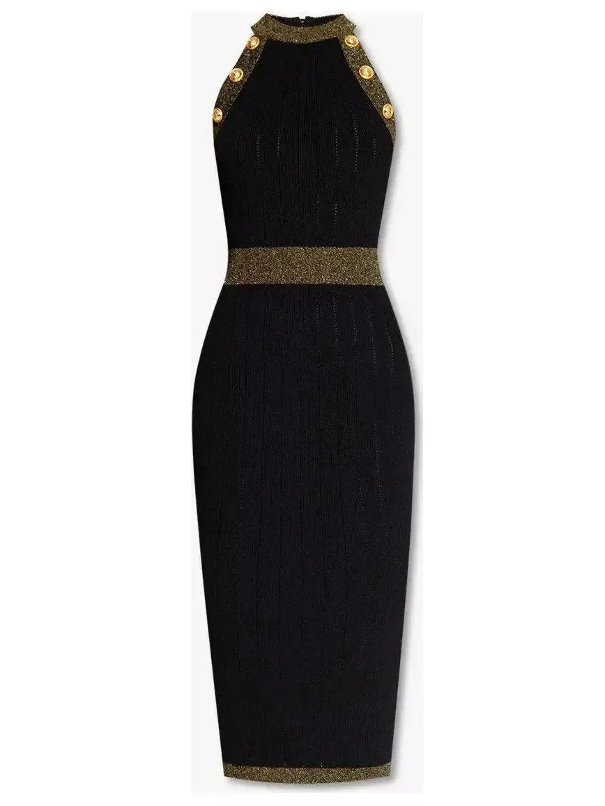 Women’s Button-Detailed Halter-Neck Knitted Midi Dress, Black