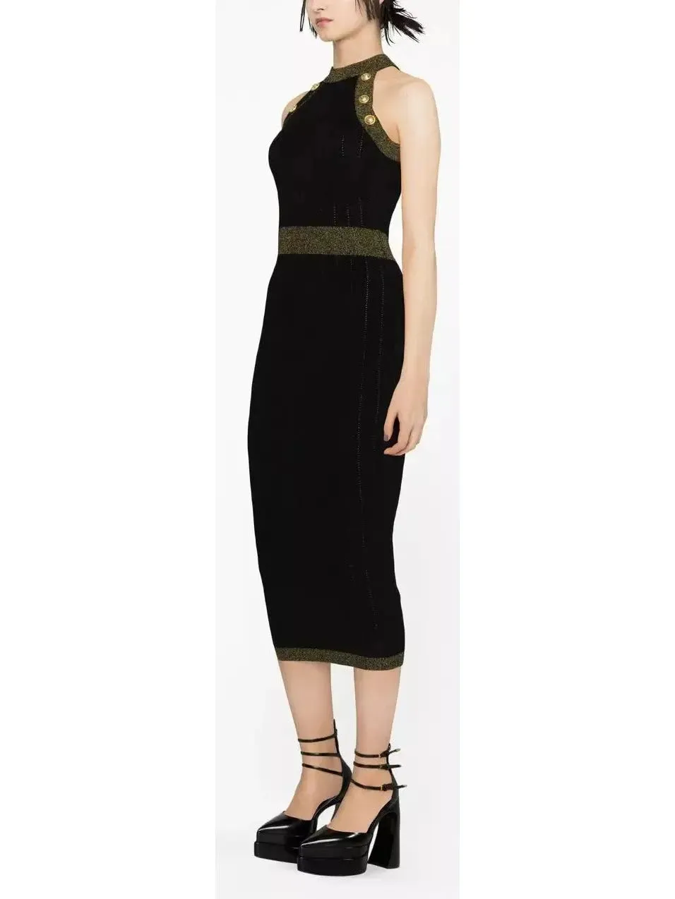 Women’s Button-Detailed Halter-Neck Knitted Midi Dress, Black