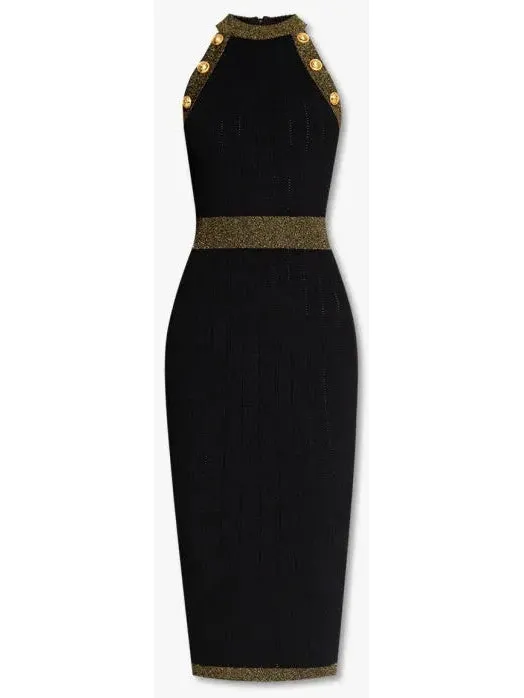 Women’s Button-Detailed Halter-Neck Knitted Midi Dress, Black