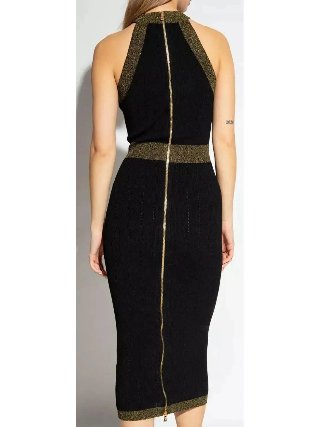 Women’s Button-Detailed Halter-Neck Knitted Midi Dress, Black