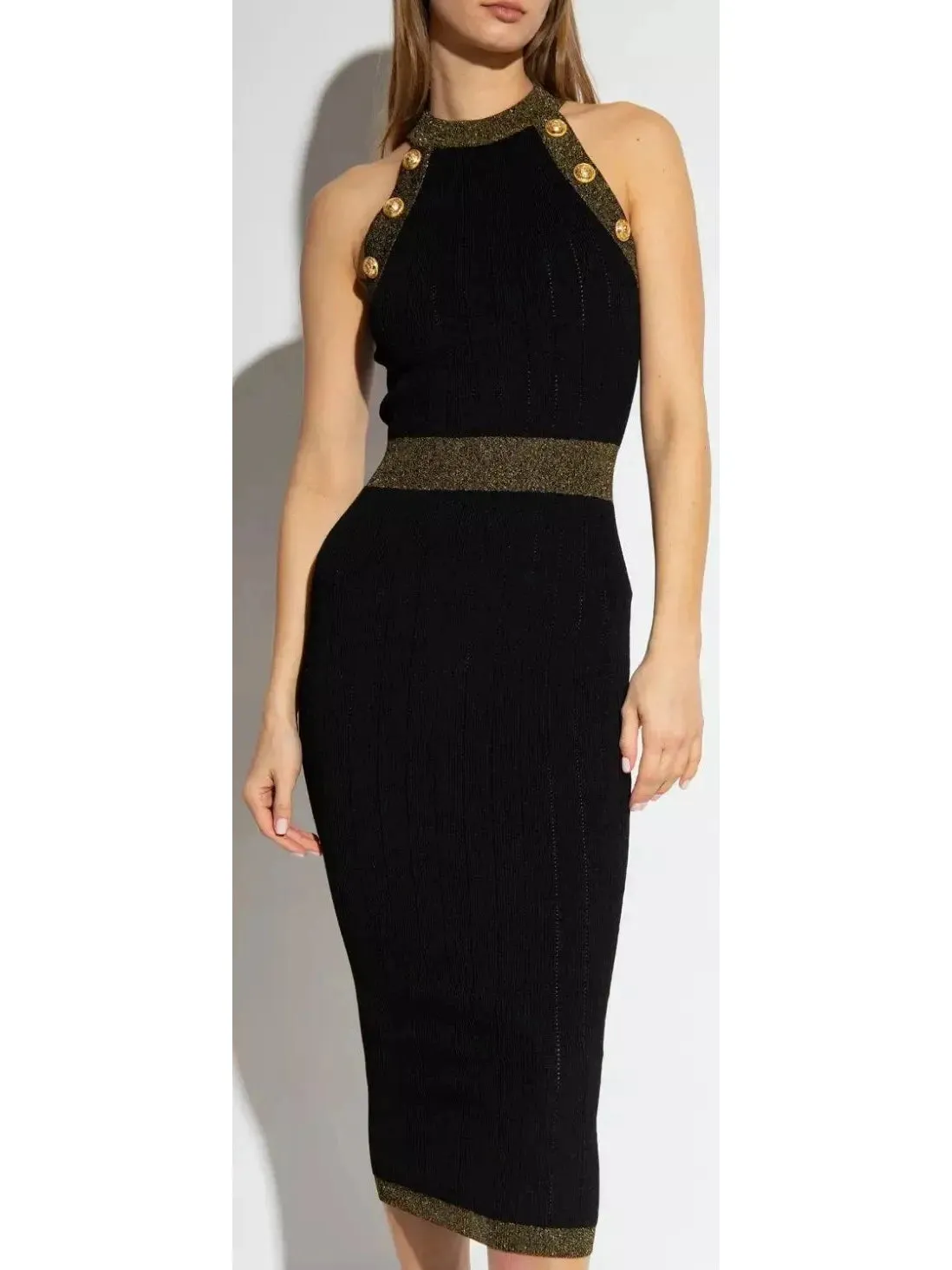 Women’s Button-Detailed Halter-Neck Knitted Midi Dress, Black