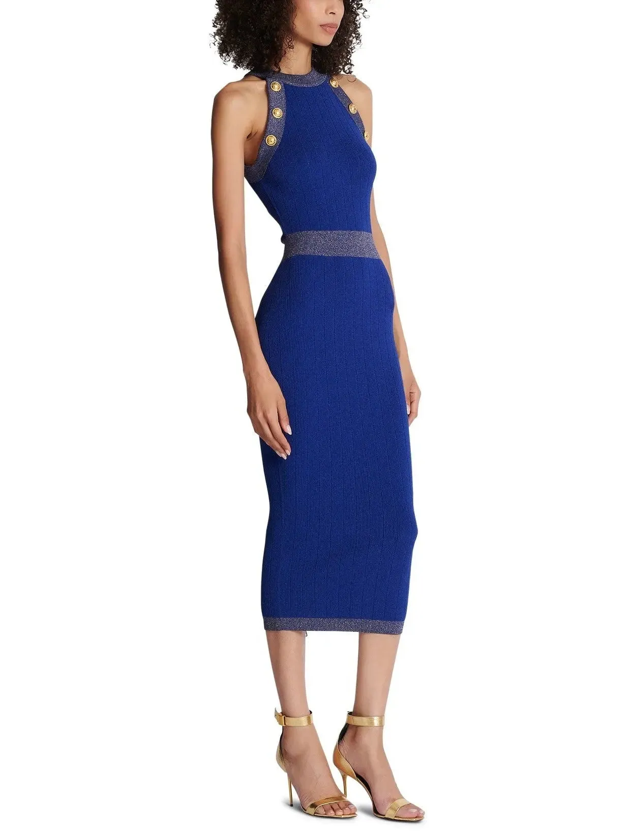 Women’s Button-Detailed Halter-Neck Knitted Midi Dress, Blue