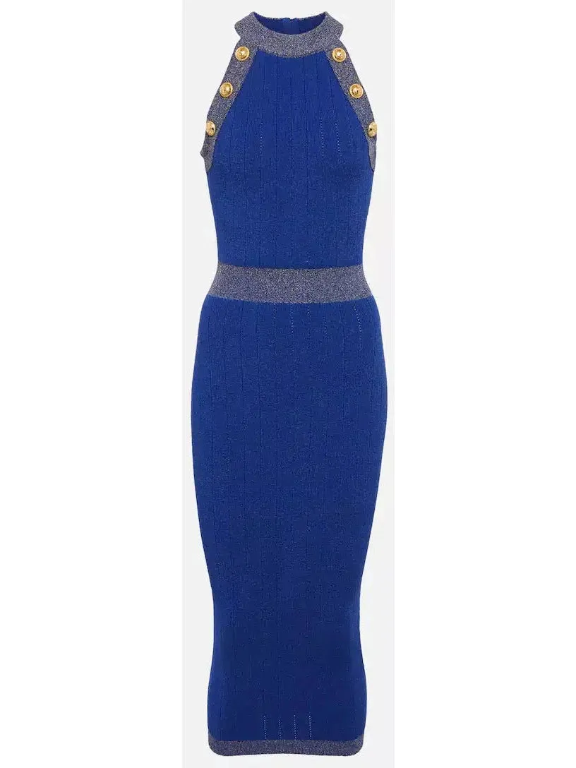 Women’s Button-Detailed Halter-Neck Knitted Midi Dress, Blue