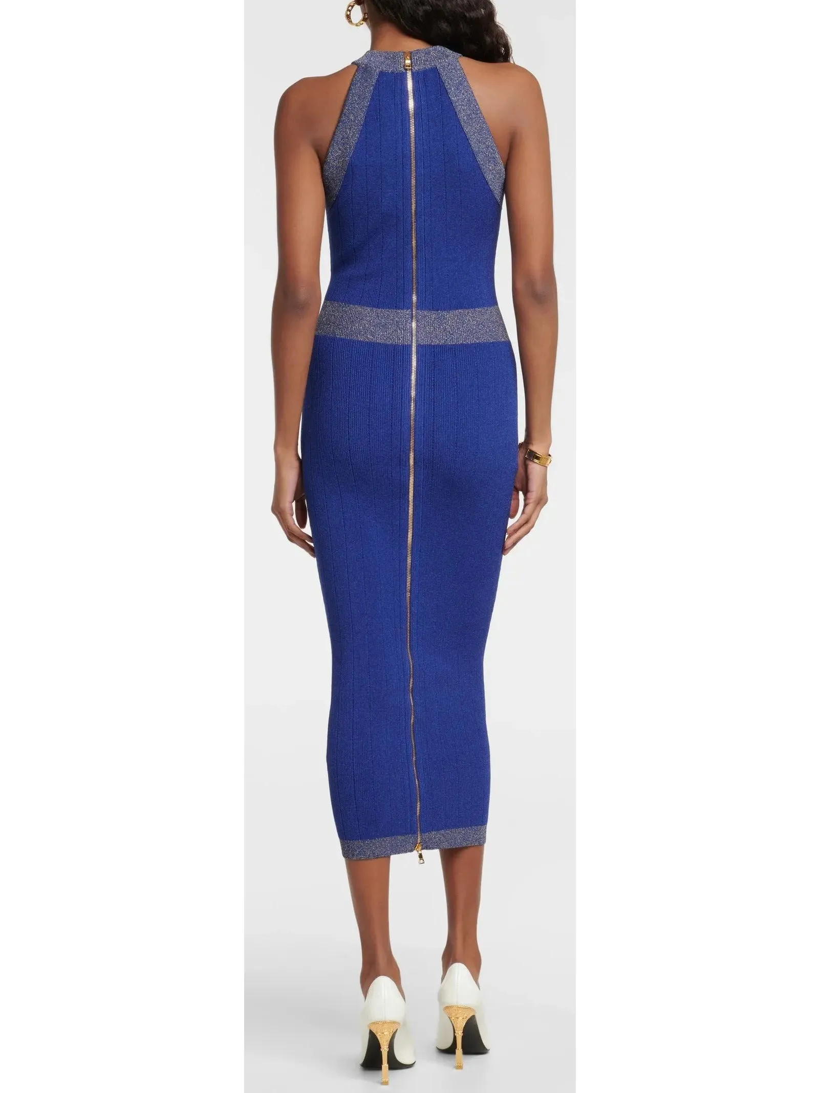 Women’s Button-Detailed Halter-Neck Knitted Midi Dress, Blue