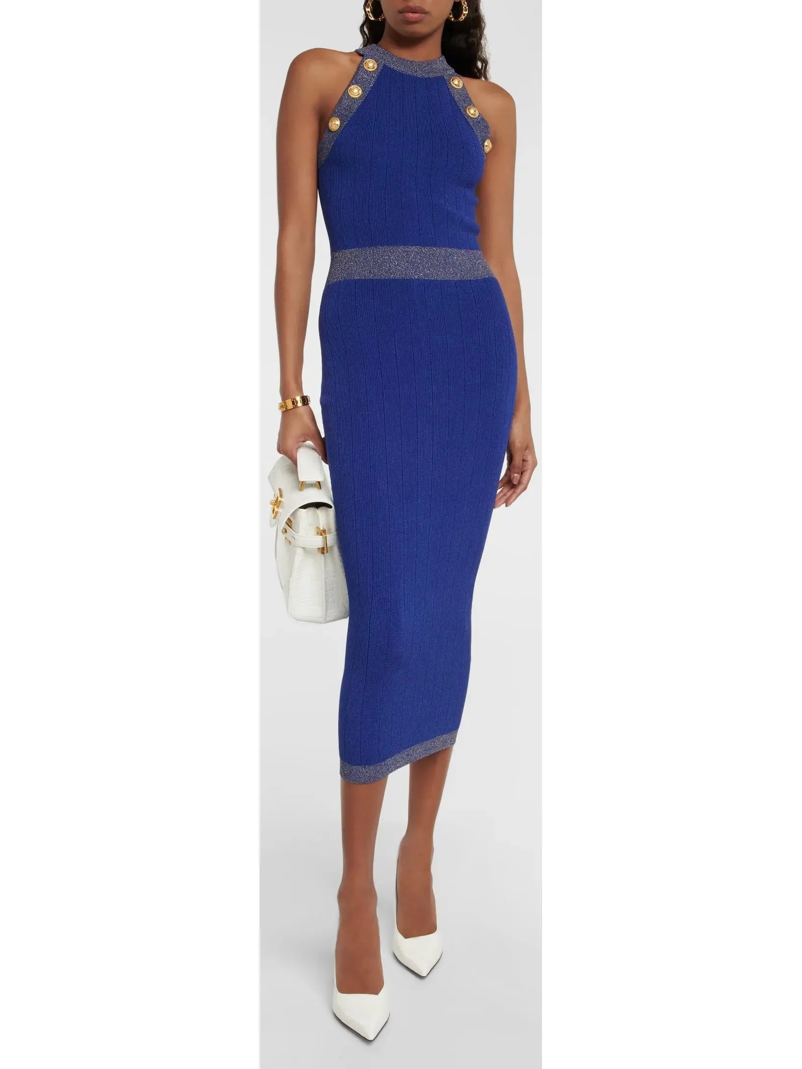 Women’s Button-Detailed Halter-Neck Knitted Midi Dress, Blue