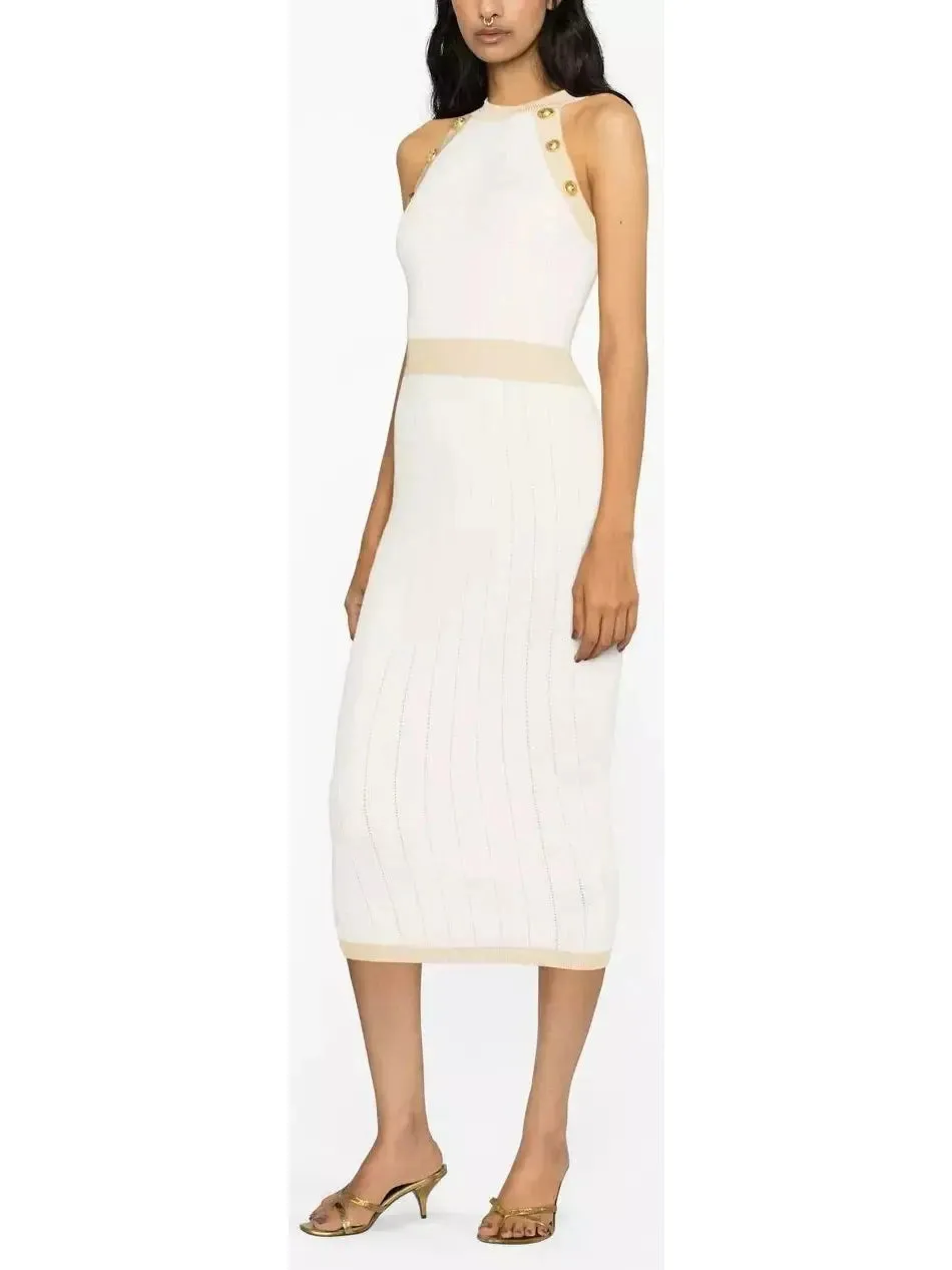 Women’s Button-Detailed Halter-Neck Knitted Midi Dress, White