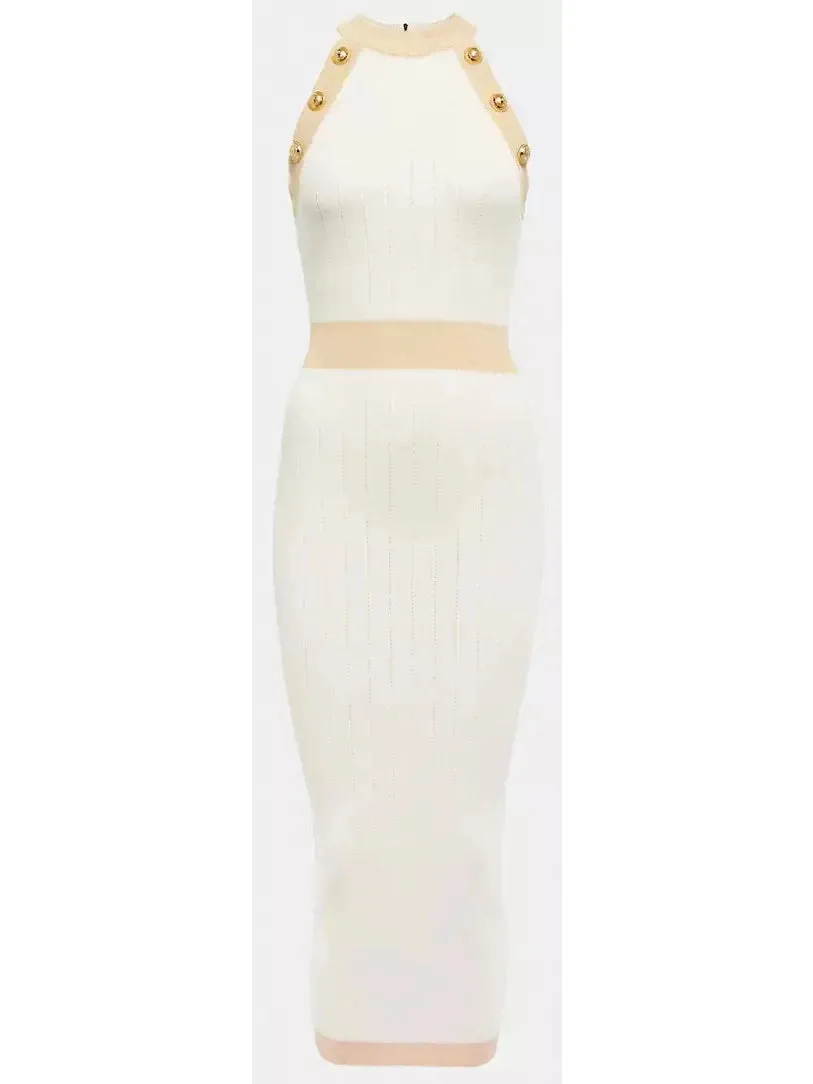 Women’s Button-Detailed Halter-Neck Knitted Midi Dress, White