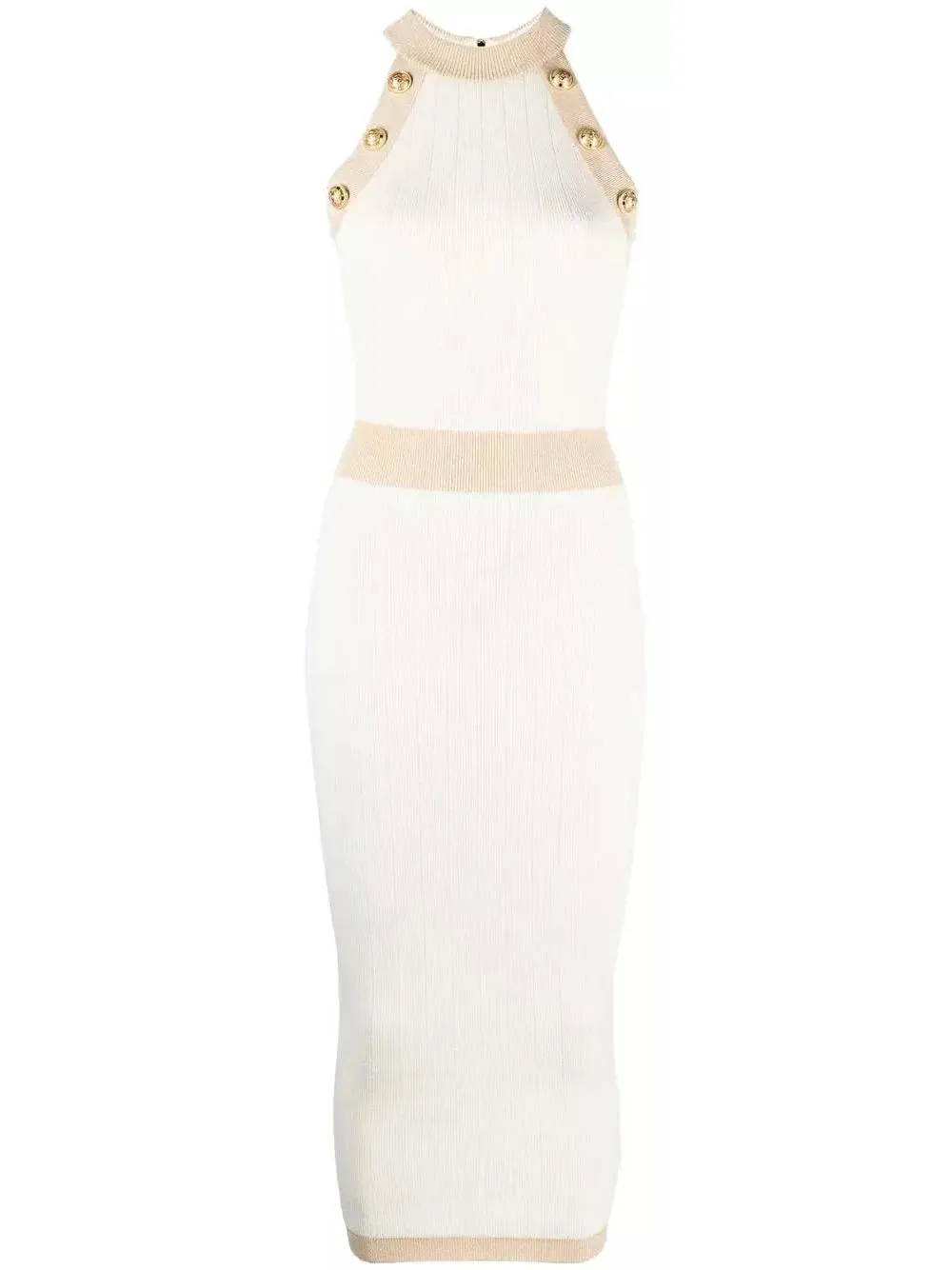 Women’s Button-Detailed Halter-Neck Knitted Midi Dress, White