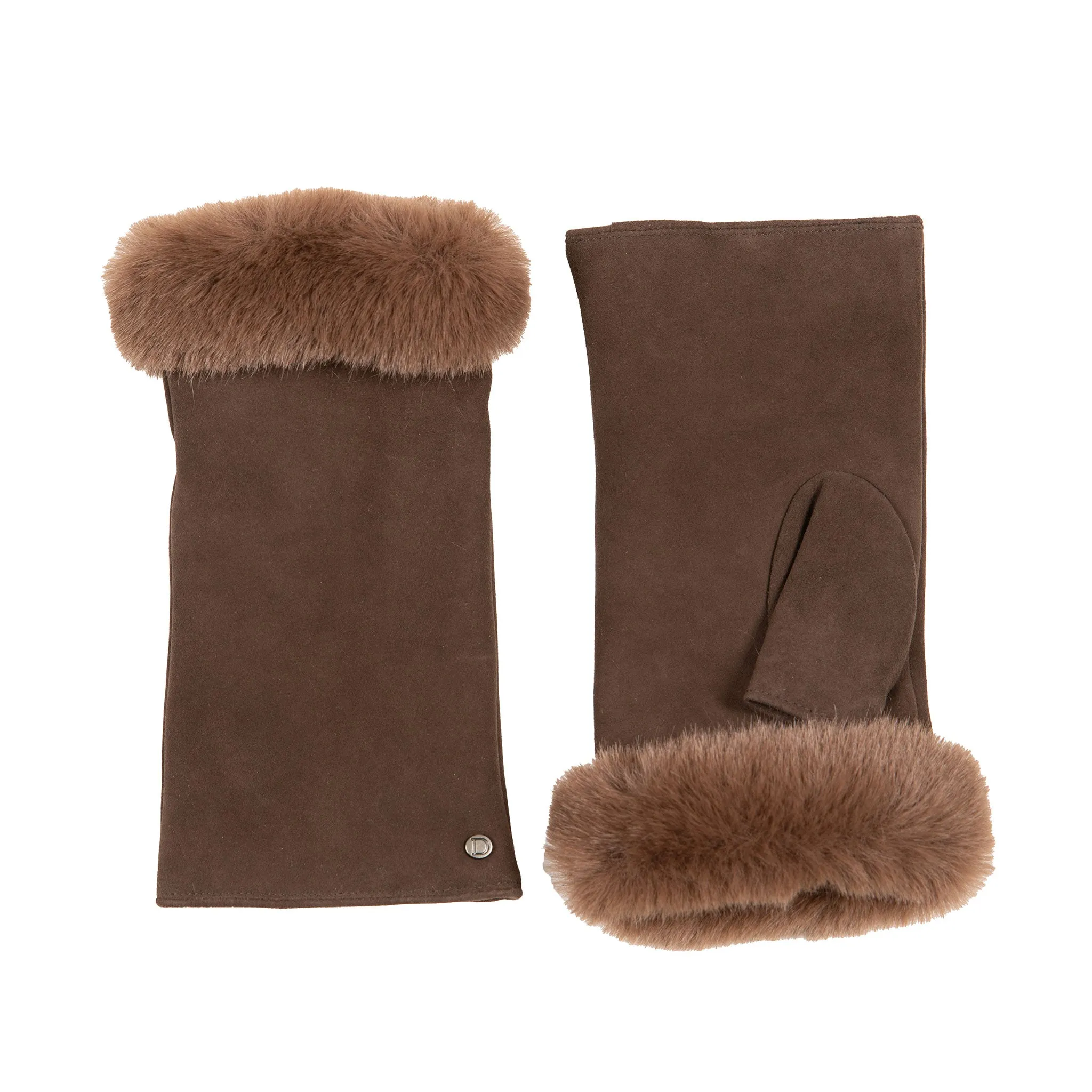 Women’s Fingerless Suede Mittens with Faux Fur Trim