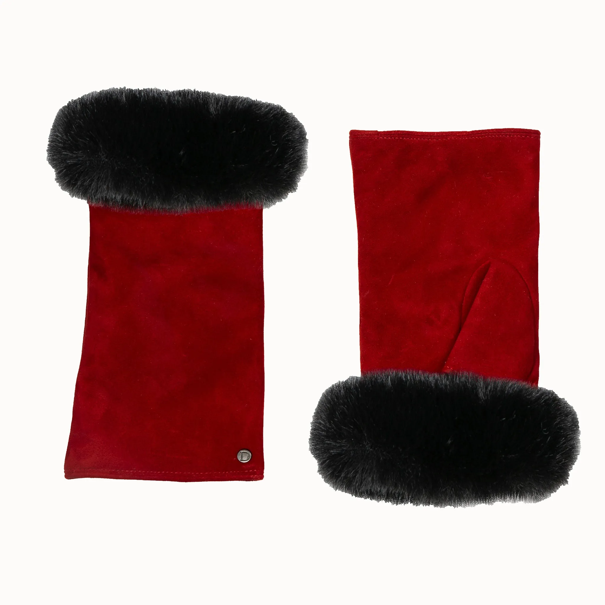 Women’s Fingerless Suede Mittens with Faux Fur Trim