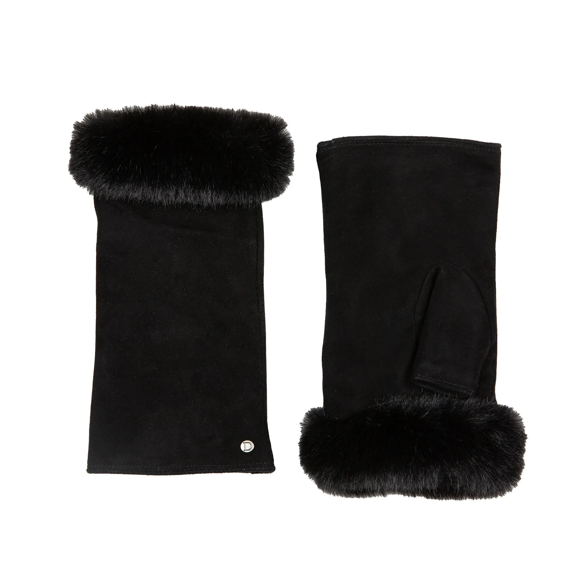 Women’s Fingerless Suede Mittens with Faux Fur Trim