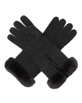 Women's Fur Trim Cashmere Gloves Dark Charcoal Grey